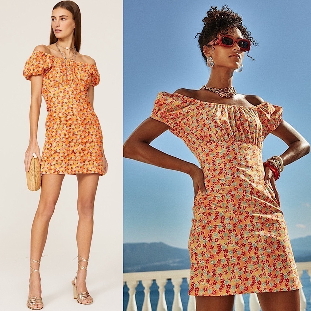 Caroline Constas 70s Floral Off Shoulder Puff Short Sleeve Ruched Sheath Dress S